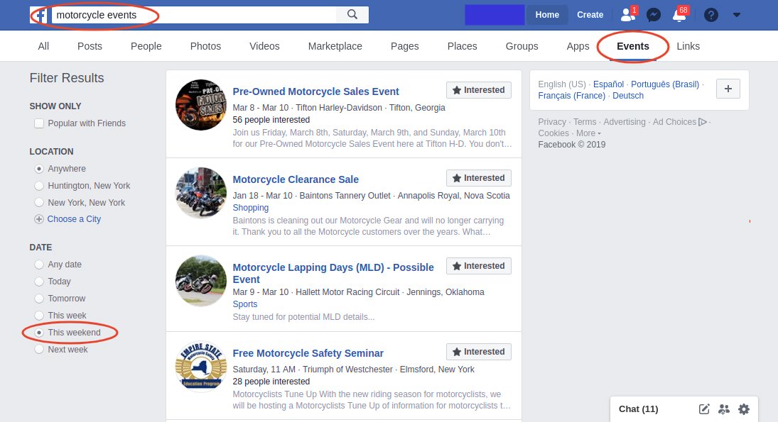 Searching Facebook for upcoming motorcycle events